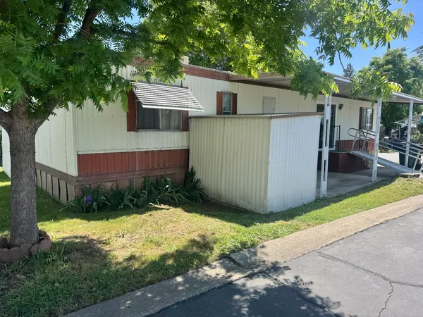 a view of a house with backyard and a tree