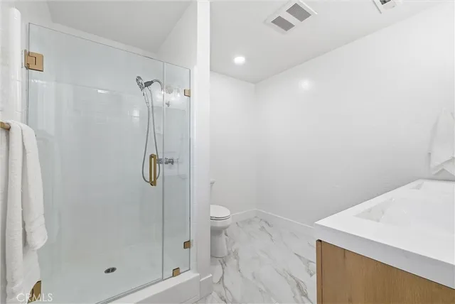 a bathroom with a shower and toilet
