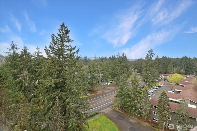 a view of a city with lush green forest