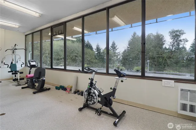a view of a room with gym equipment and a large window