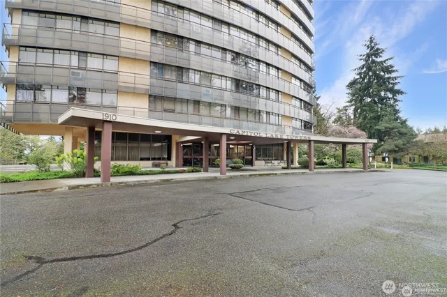 front view of a building with a street