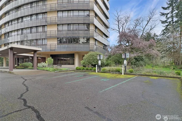 a view of a building with a street