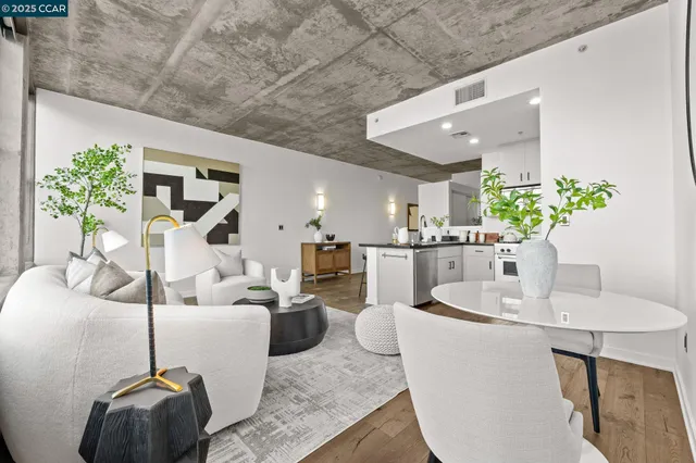 a living room with furniture and potted plant