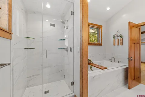 a bathroom with a bathtub and a shower