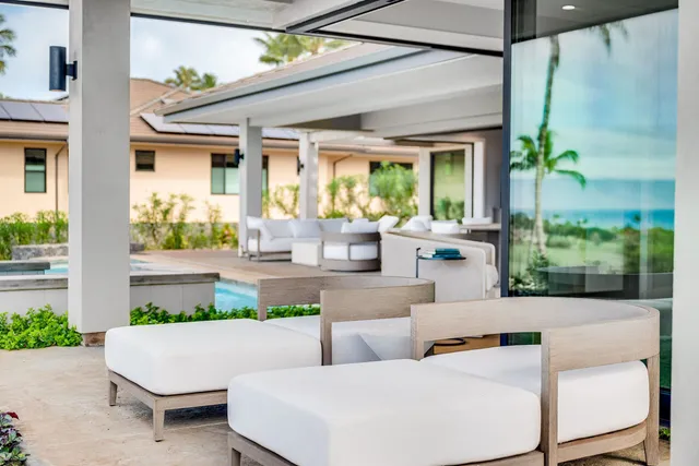 a building outdoor space with patio furniture