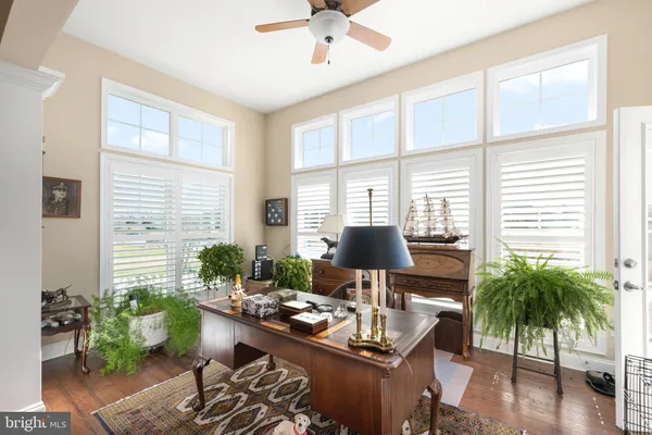 a workspace with furniture and a potted plant