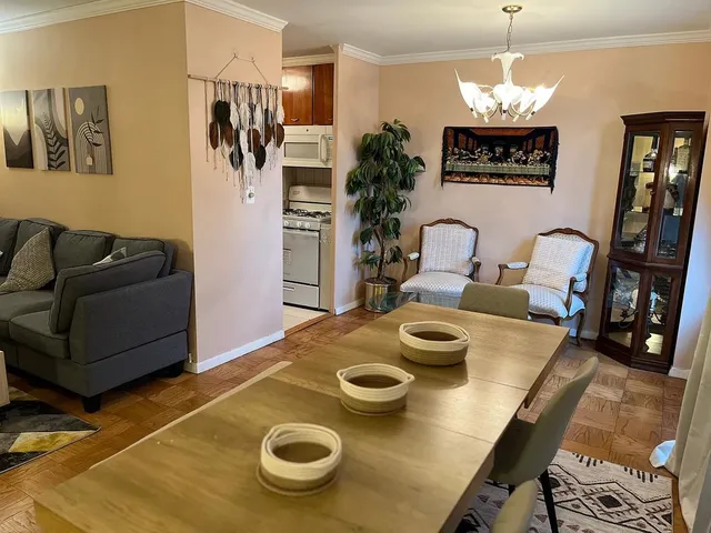 a view of a dining room with furniture