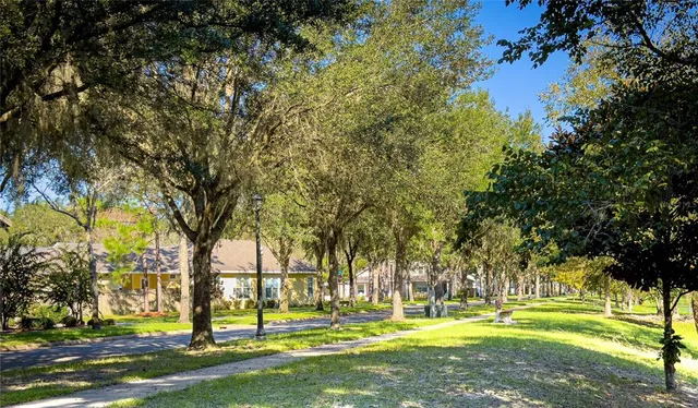 a view of swimming pool with green space and trees