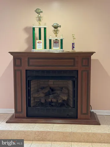 a fireplace with a vase on top of it