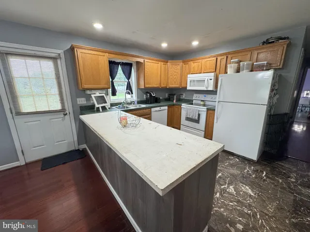 a large kitchen with sink a refrigerator and wooden floor