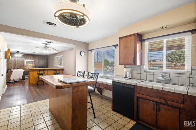 a kitchen with lots of counter top space