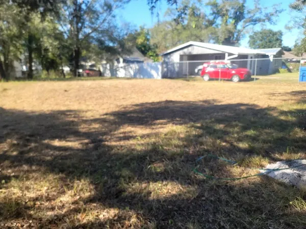 a view of a yard with large trees