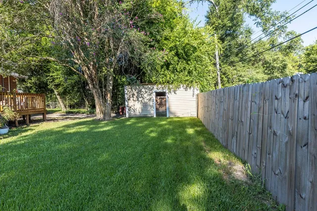 a view of a backyard with tree