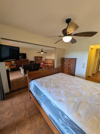 a bedroom with a bed and ceiling fan