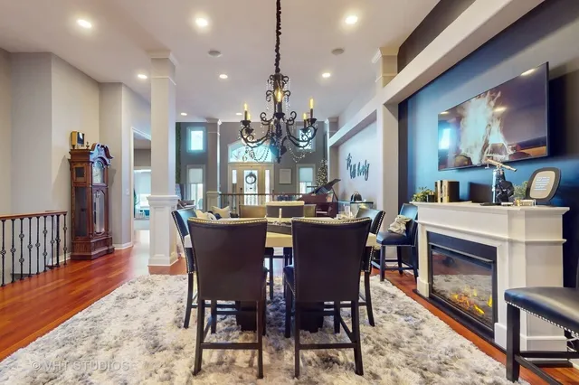 a view of a dining room with furniture
