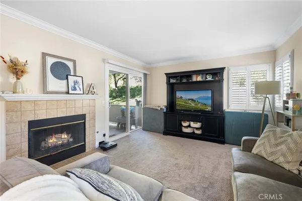 a living room with furniture a flat screen tv and a fireplace