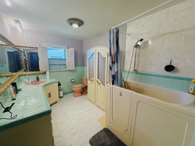 a bathroom with a sink a toilet and shower