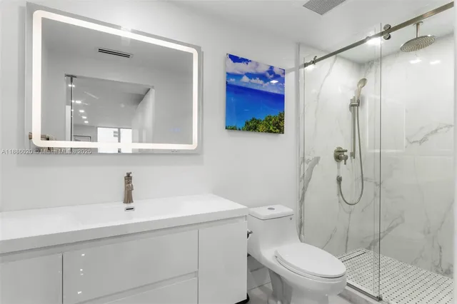a bathroom with a shower sink vanity mirror and toilet