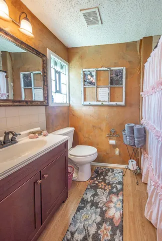 a bathroom with a sink a toilet and mirror