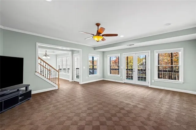 a view of a porch with wooden floor