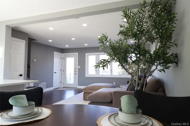 a living room with furniture and a potted plant