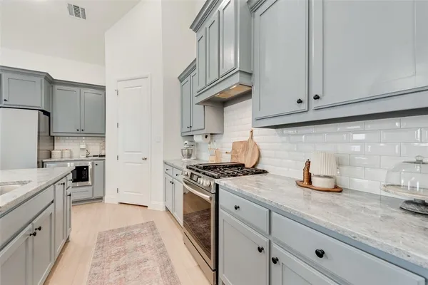 a kitchen with cabinets and appliances