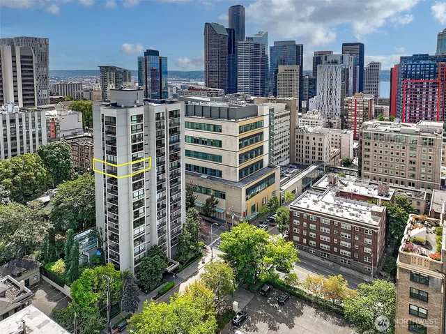 a city view with tall buildings