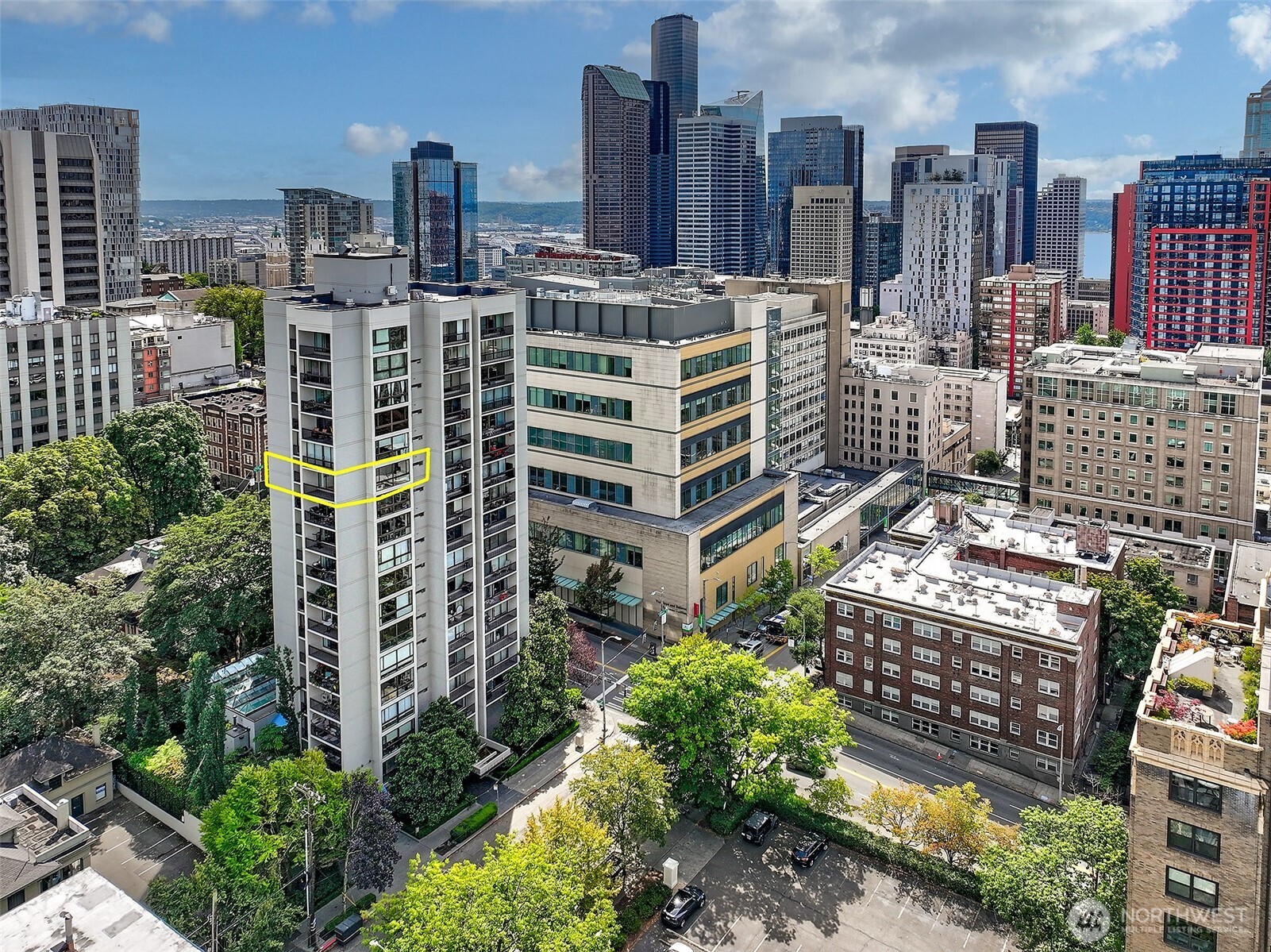 a city view with tall buildings