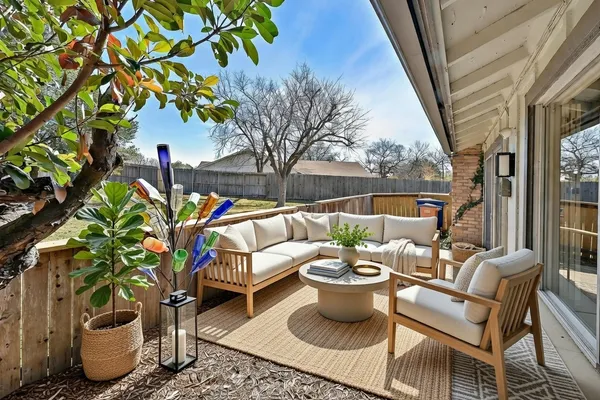 a view of a patio with swimming pool table and chairs