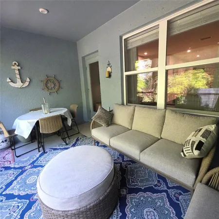 a garden view with a seating space