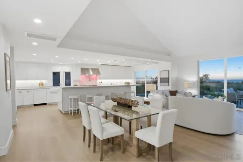 a living room with furniture and a dining table with kitchen view