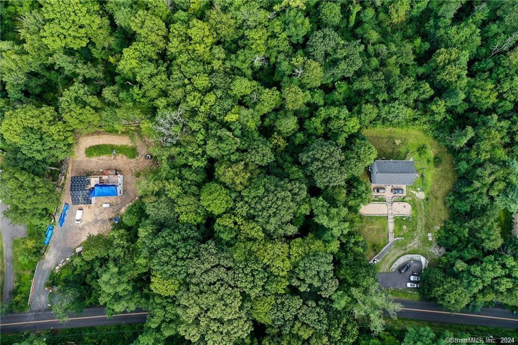 an aerial view of a house with a yard and large trees