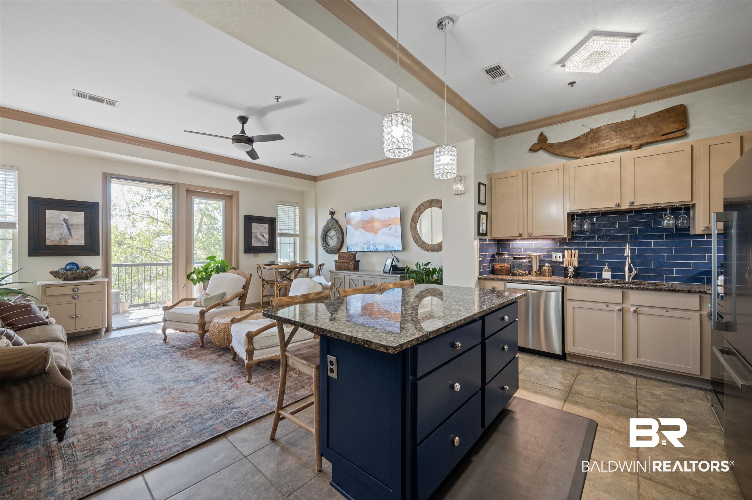 1430 Regency Road, Unit B202 Gulf Shores, AL 36542 - Photo 33 of 33 Kitchen with backsplash, visible vents, open floor plan, and stainless steel dishwasher