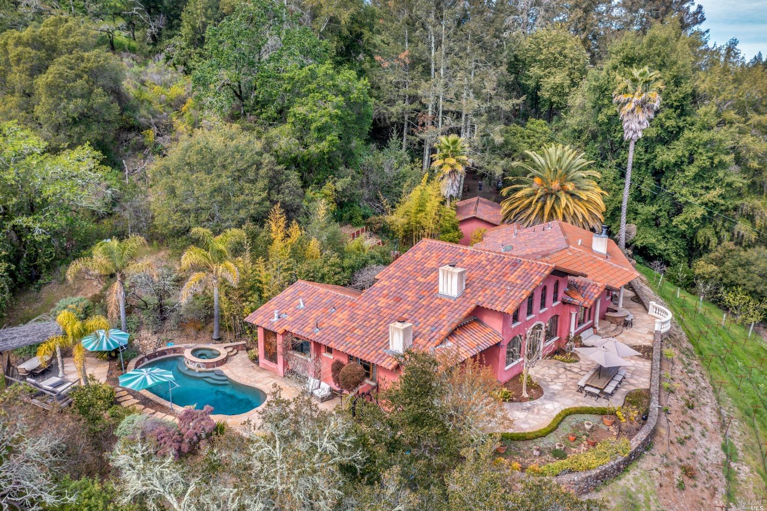 an aerial view of a house with garden space and street view