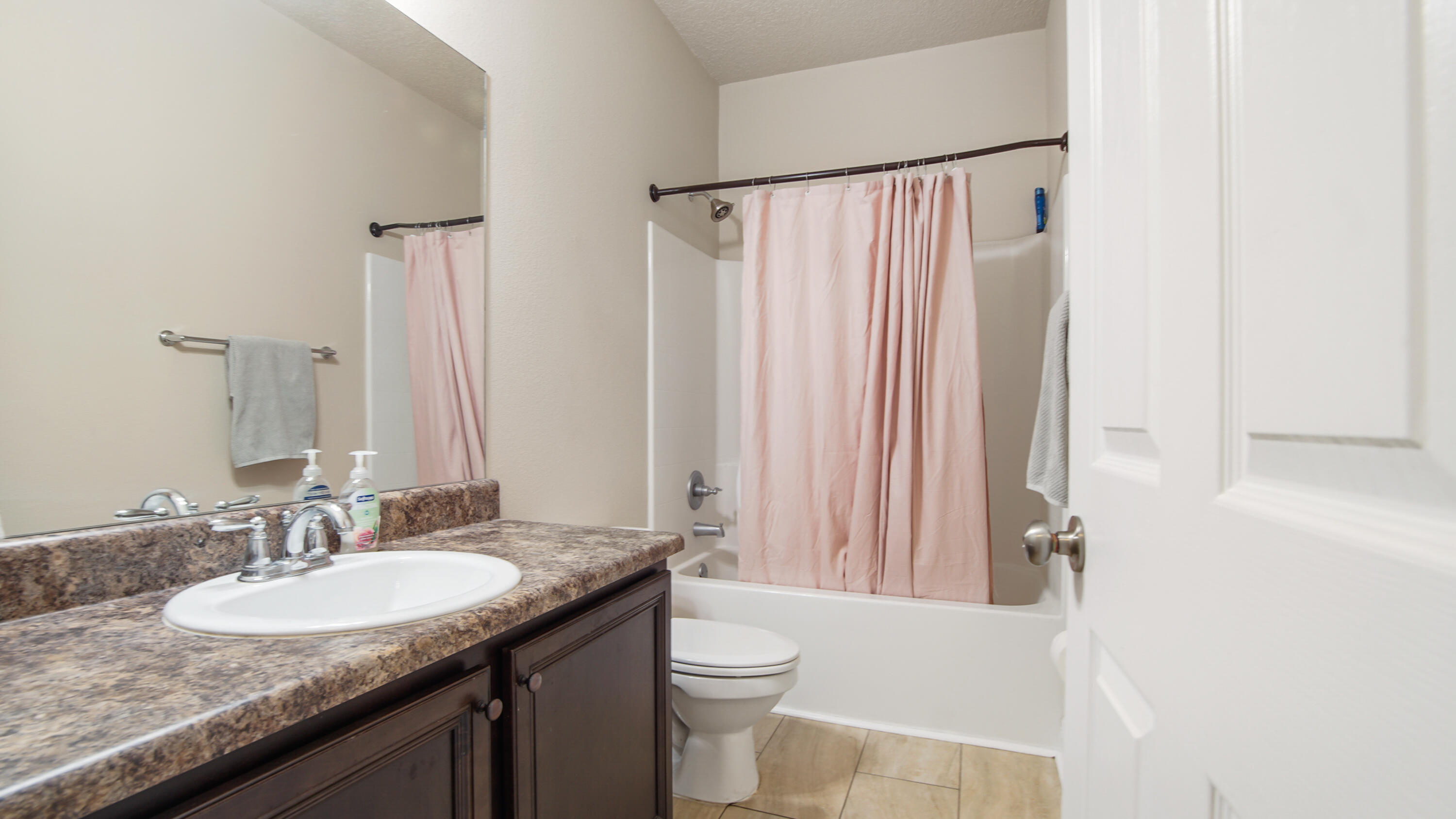 446 Mango Lane Freeport, FL 32439 - Photo 45 of 73 a bathroom with a granite countertop sink and a mirror