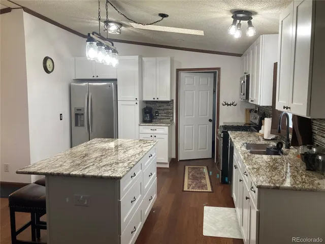 a kitchen with stainless steel appliances granite countertop a sink refrigerator and cabinets