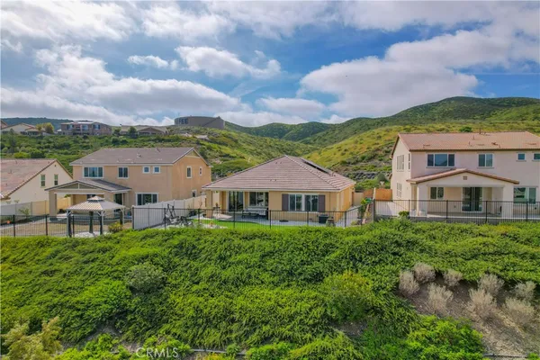 an aerial view of a house with swimming pool and a yard
