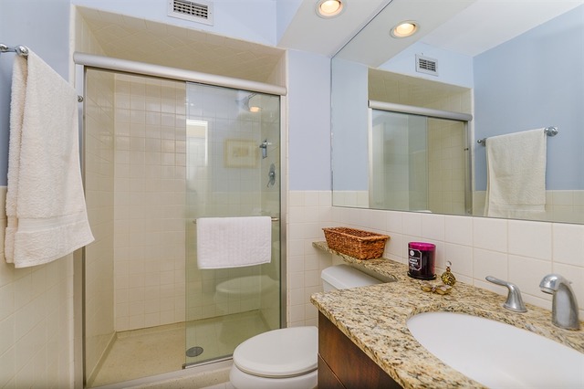 3033 North Sheridan Road, Unit 701 Chicago, IL 60657 - Photo 6 of 13 a bathroom with a granite countertop sink toilet and shower