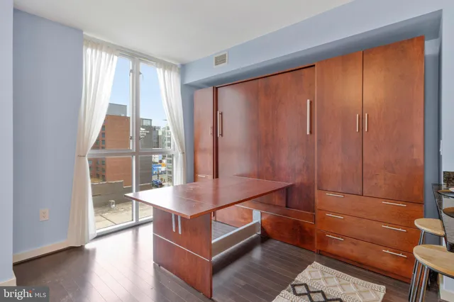 a living room with a large window