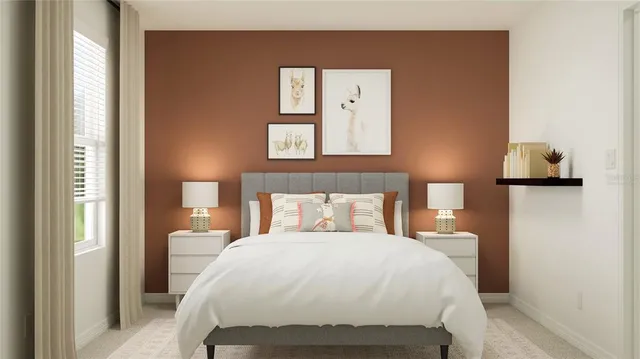 a bedroom with a bed and a night stand