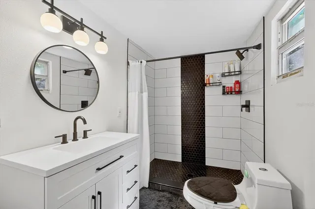 a bathroom with a sink a toilet and a mirror