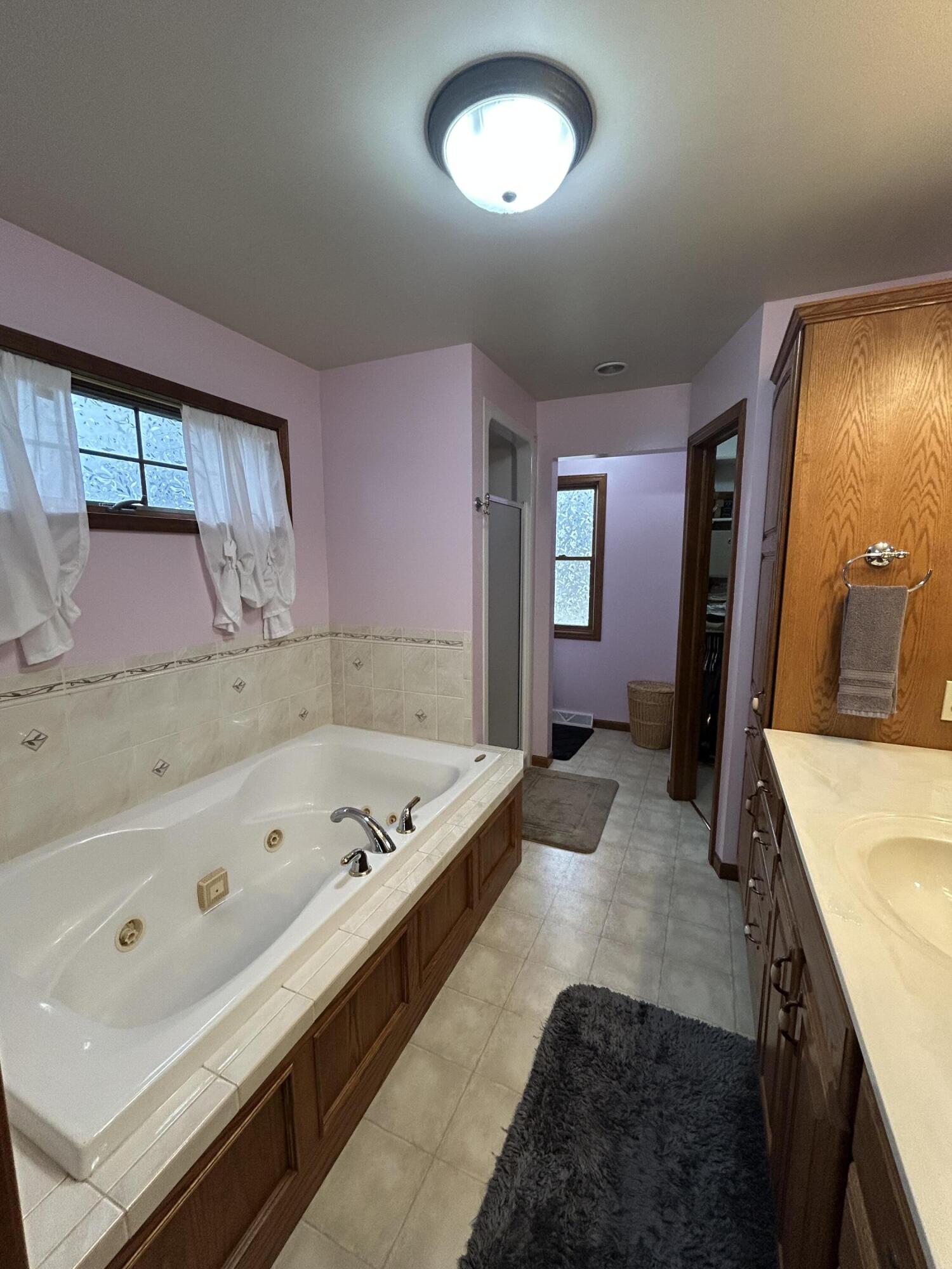 8876 North Lilac Street Demotte, IN 46310 - Photo 18 of 23 a bathroom with a tub a double vanity sink and mirror