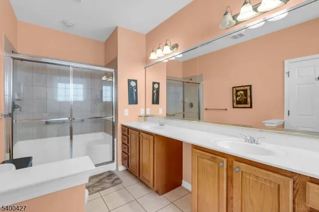 a spacious bathroom with a granite countertop sink mirror and shower