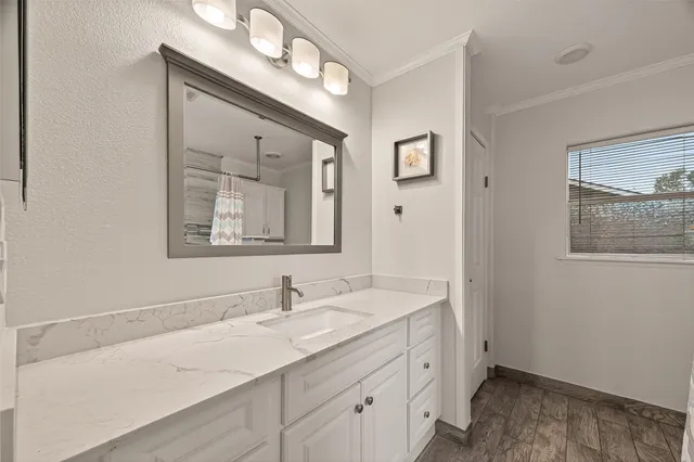 a bathroom with a sink vanity and a mirror