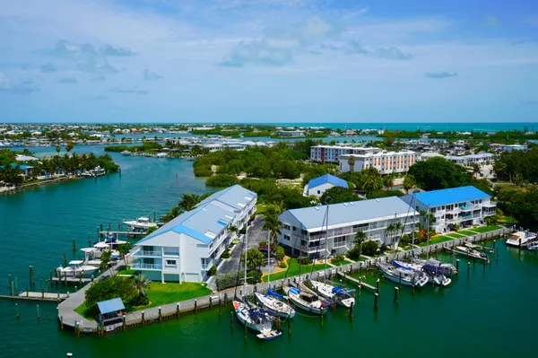 an aerial view of a house with a garden and lake view