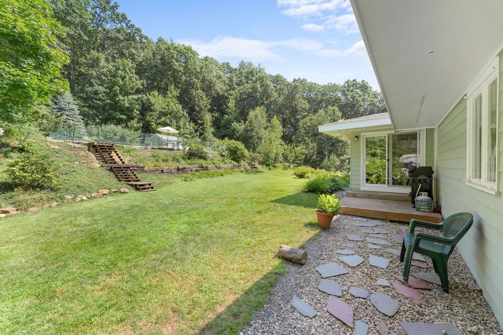 46 Highland Road Boxford, MA 01921 - Photo 36 of 41 a view of a backyard with table and chairs with a yard