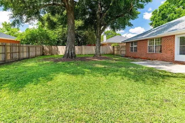 a view of a yard with a house and a large tree