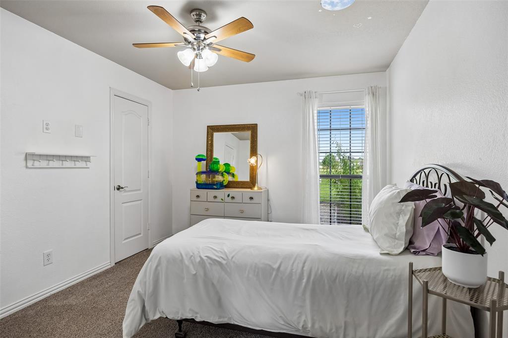 11211 Emerald Ranch Lane Forney, TX 75126 - Photo 29 of 35 Secondary bedroom #4 Carpeted room featuring a ceiling fan with light fixture, window with blinds, and white door