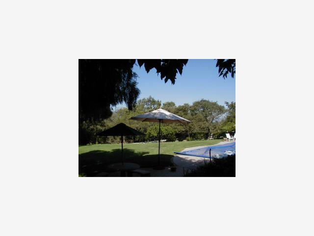 a view of a patio with furniture and garden