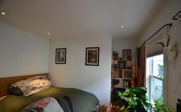 a bedroom with a bed and a potted plant